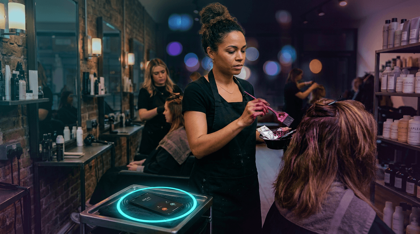 Kapper aan het werk terwijl de AI-receptionist de telefoon opneemt